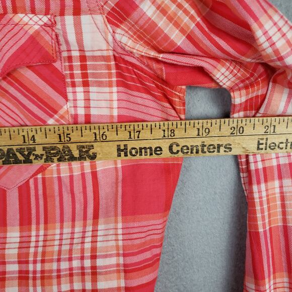 Levi's Women's Size S Pearl Snap Pocket Front Plaid‎ Shirt Red Orange Western - Picture 2 of 7
